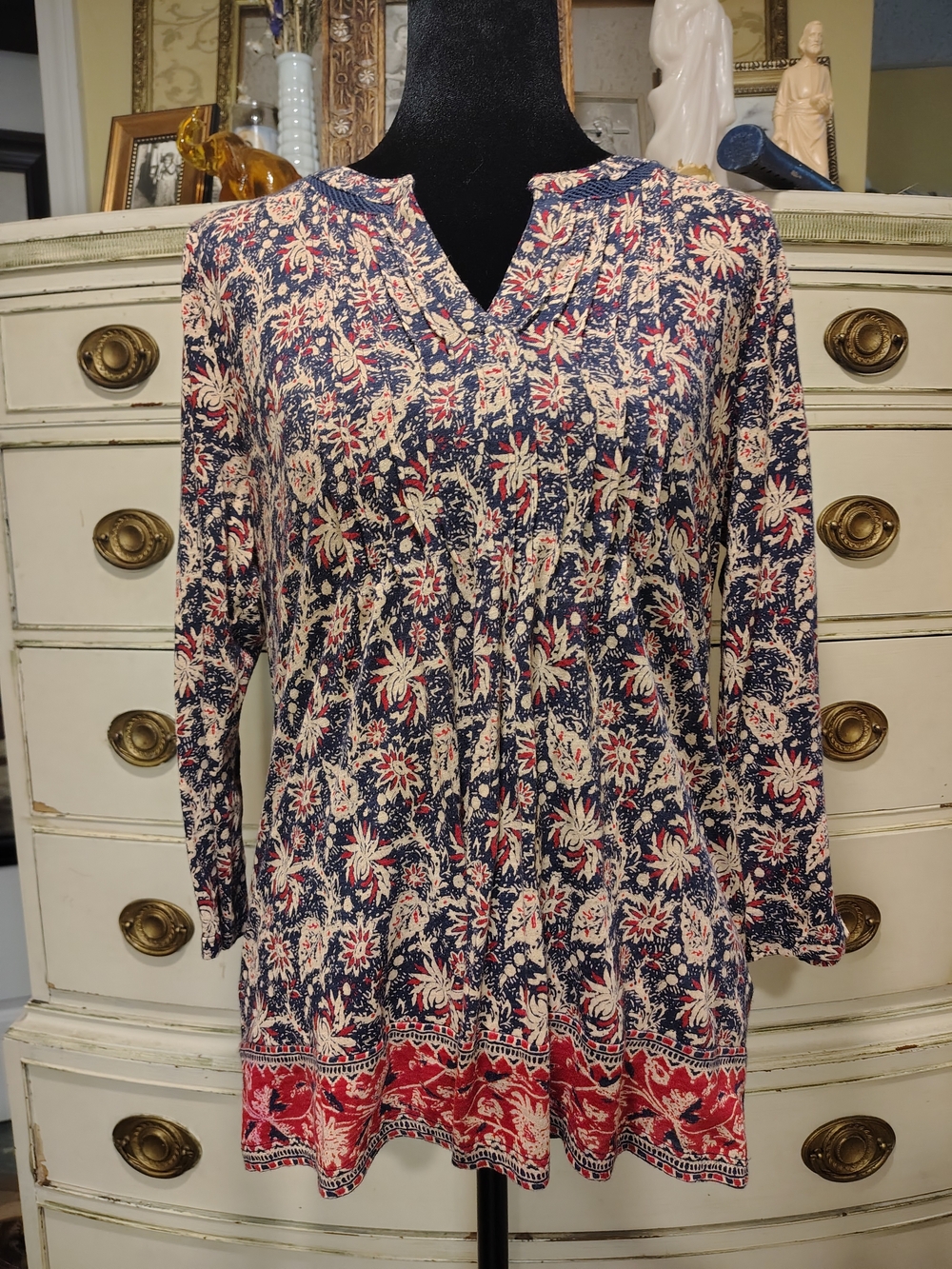 Lucky Brand Navy, Cream & Red Floral V-Neck Tunic